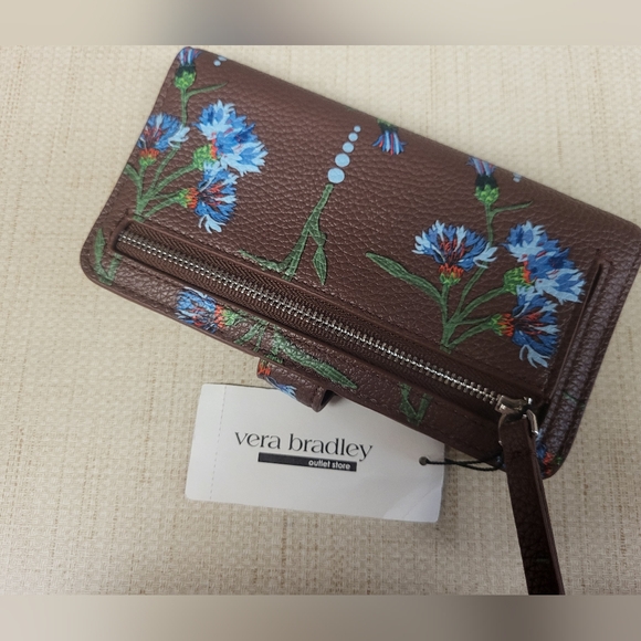 Vera Bradley Brown Bachleor Button Brown Wallet Blue Floral New Tags - Picture 2 of 3